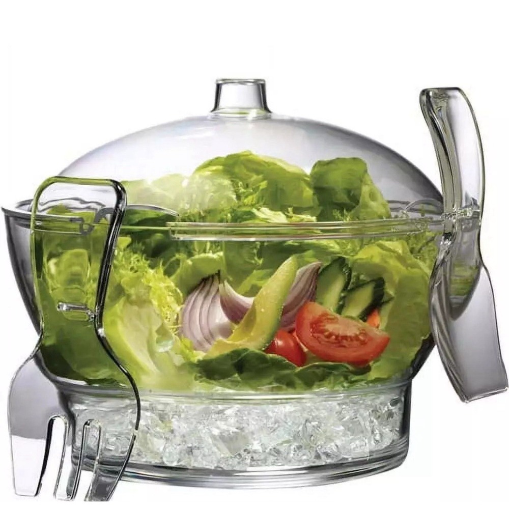 Prodyne Salad Bowl On Ice With Dome Lid Plus Salad Servers That Hook On Rim